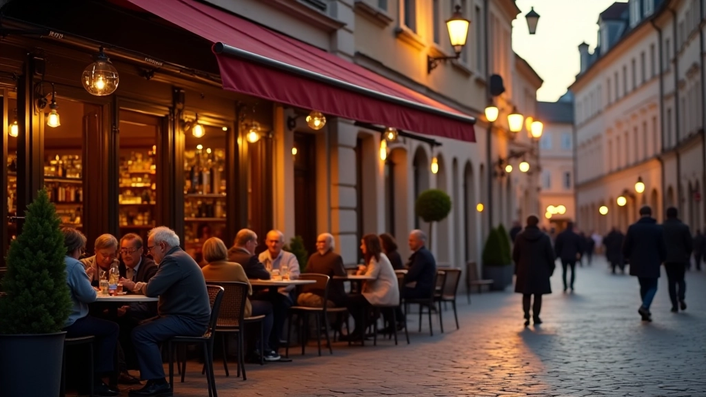 Cathedral Cafe storefront with outdoor seating area, warm lighting in evening, historic building exterior