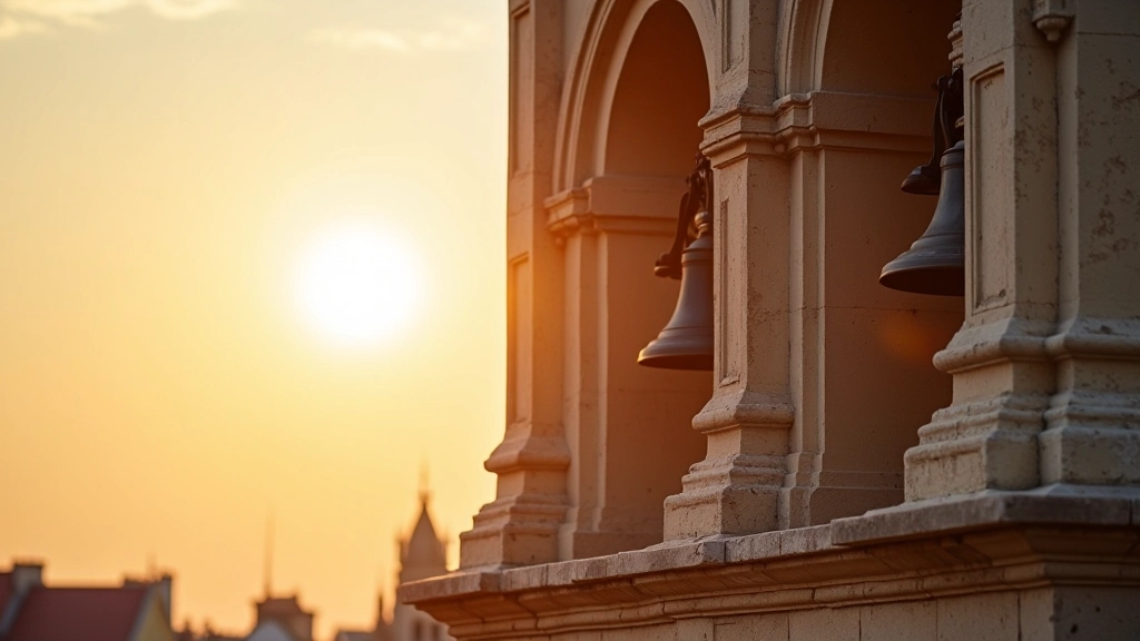 Close-up of Cathedral Bell Tower stone details, warm golden light illuminating architectural features and bell chamber windows