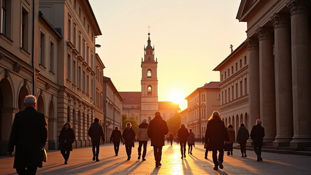 Cathedral Square at golden hour with bell tower illuminated