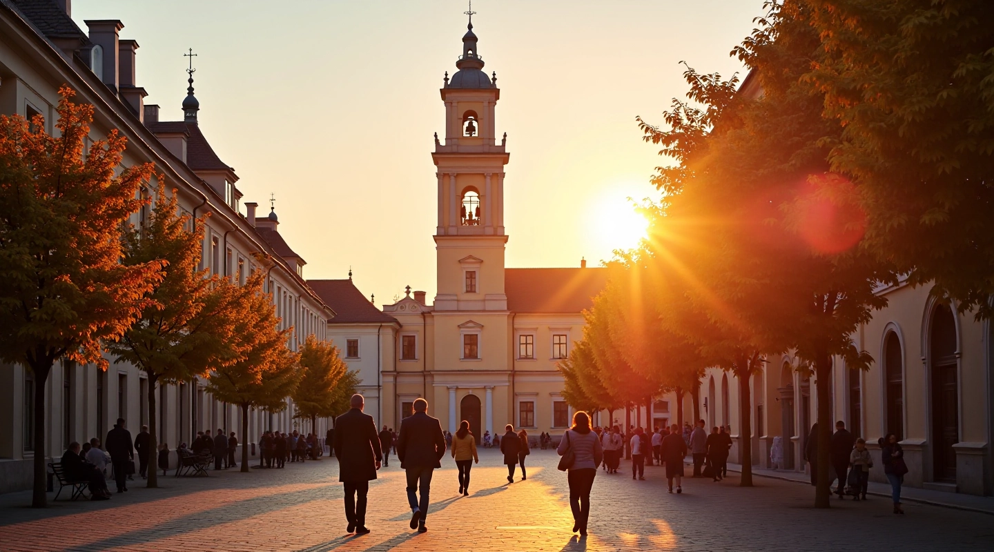Cathedral Square in Vilnius with historic bell tower illuminated at golden hour, autumn trees and stone architecture