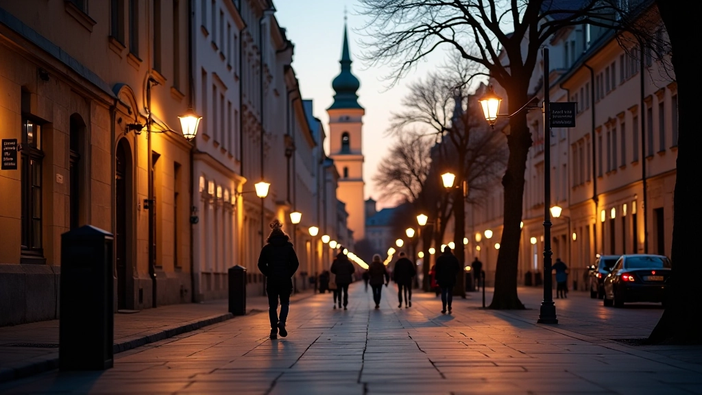 Evening walkers on a well-lit historic street with clear pathways