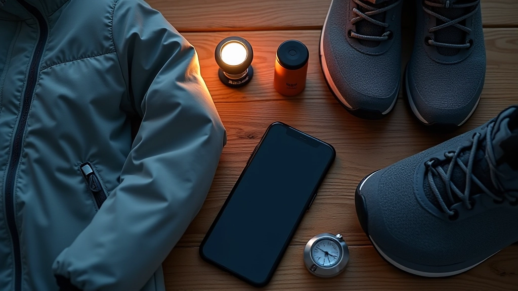 Neatly arranged items for evening walk laid out on wooden surface: jacket, phone with light app, comfortable shoes, and reflective accessories