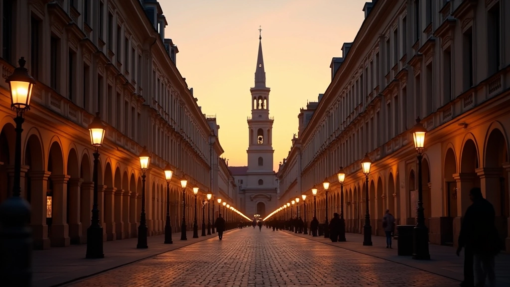 Gediminas Avenue in Vilnius during evening hours with historic buildings, street lamps beginning to glow, warm architectural details visible