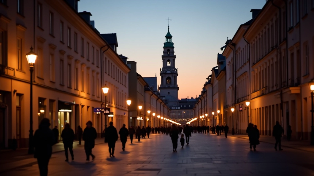 Gediminas Avenue in Vilnius with historic buildings and street lamps creating evening atmosphere