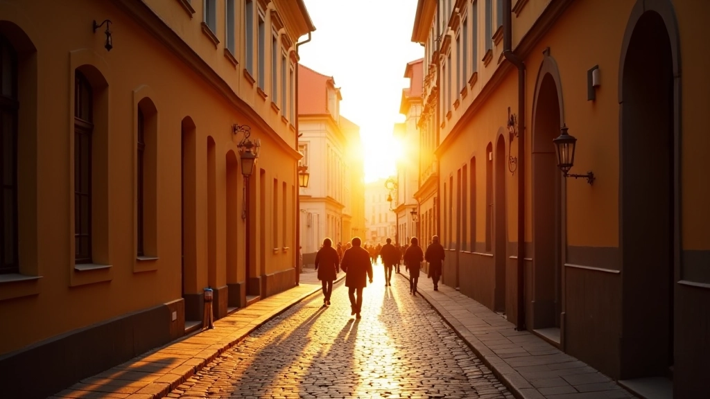 Historic architecture surrounding Cathedral Square, narrow Old Town streets and building facades in golden sunset light