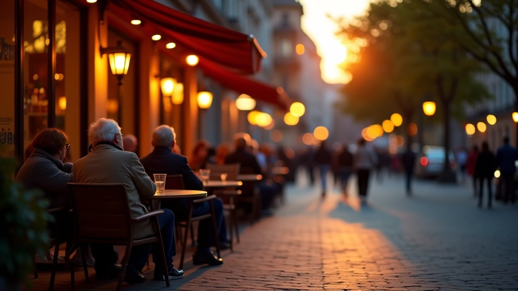 Cozy outdoor café seating on Gediminas Avenue with warm lighting and evening ambiance