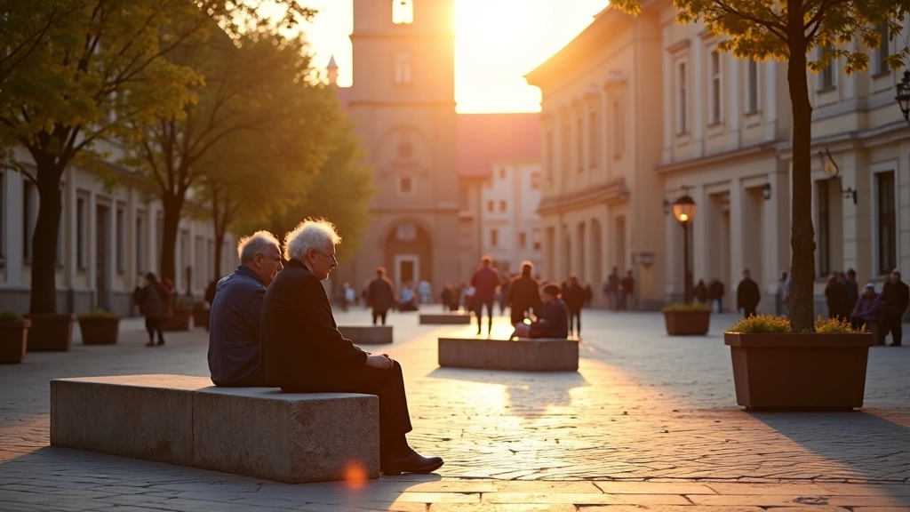 Stone benches and seating areas in Cathedral Square with people resting, historic architecture in soft evening light