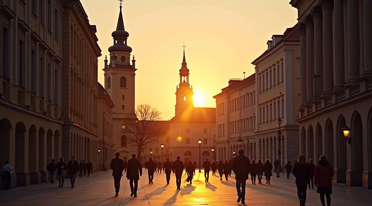 Cathedral Square during sunset with historic architecture and evening light
