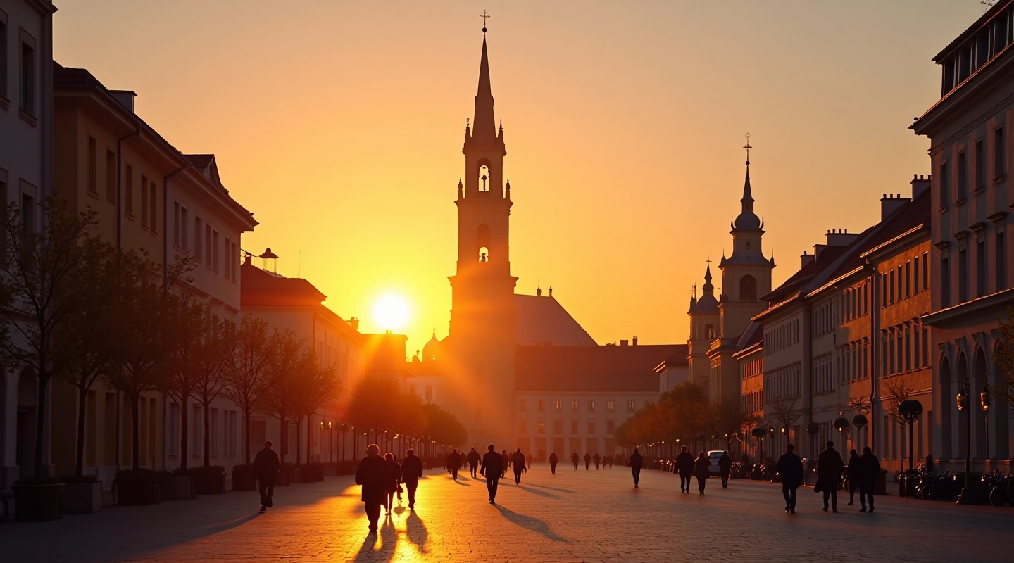 Vilnius Cathedral Square at golden hour with bell tower silhouetted against warm sunset sky, historic stone architecture