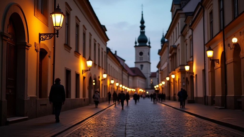 Evening street lighting in Vilnius old town with illuminated lamp posts casting warm glow on historic stone buildings