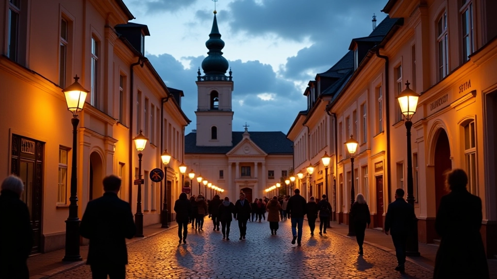 Vilnius Old Town streets in twilight with atmospheric evening lighting