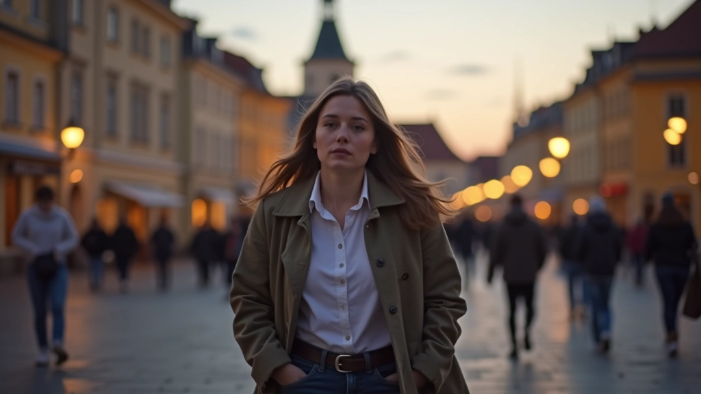 Woman walking confidently on illuminated cathedral square at twilight, looking around aware of surroundings, well-lit public area
